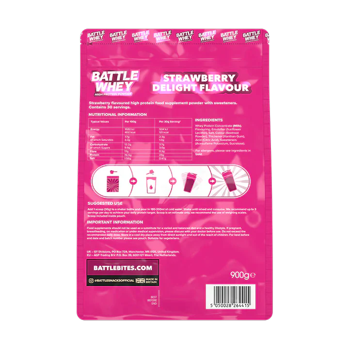 Battle Whey Strawberry Delight Flavour Protein Powder 900g